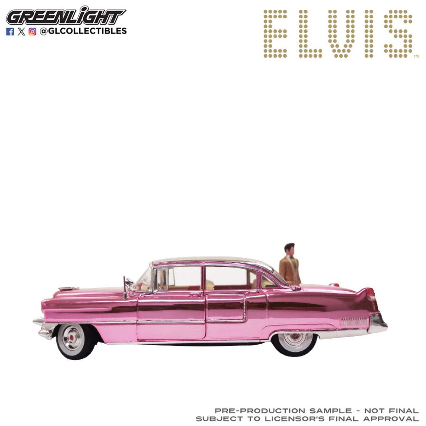 1955 Cadillac Fleetwood Series 60 "Pink Cadillac" Chrome Edition with Elvis Gold Suit Figure 1:18 Die-Cast