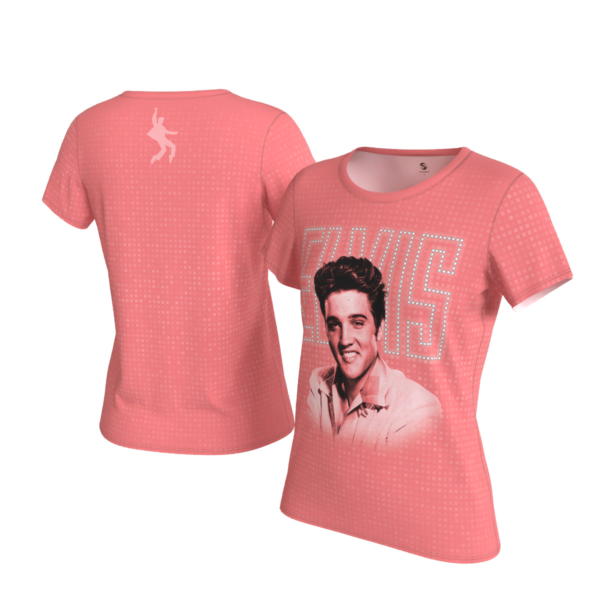 A coral pink short-sleeve t-shirt shown from both front and back. The front features a graphic of Elvis Presley with a large rhinestone-style 'ELVIS' text, while the back displays a small white silhouette of Elvis dancing.