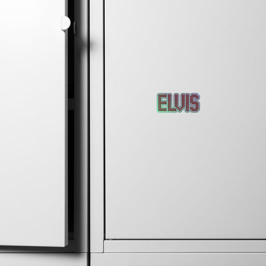 A close-up of a white cabinet with a small colorful 'ELVIS' text decal on the front, next to the open door hinge.