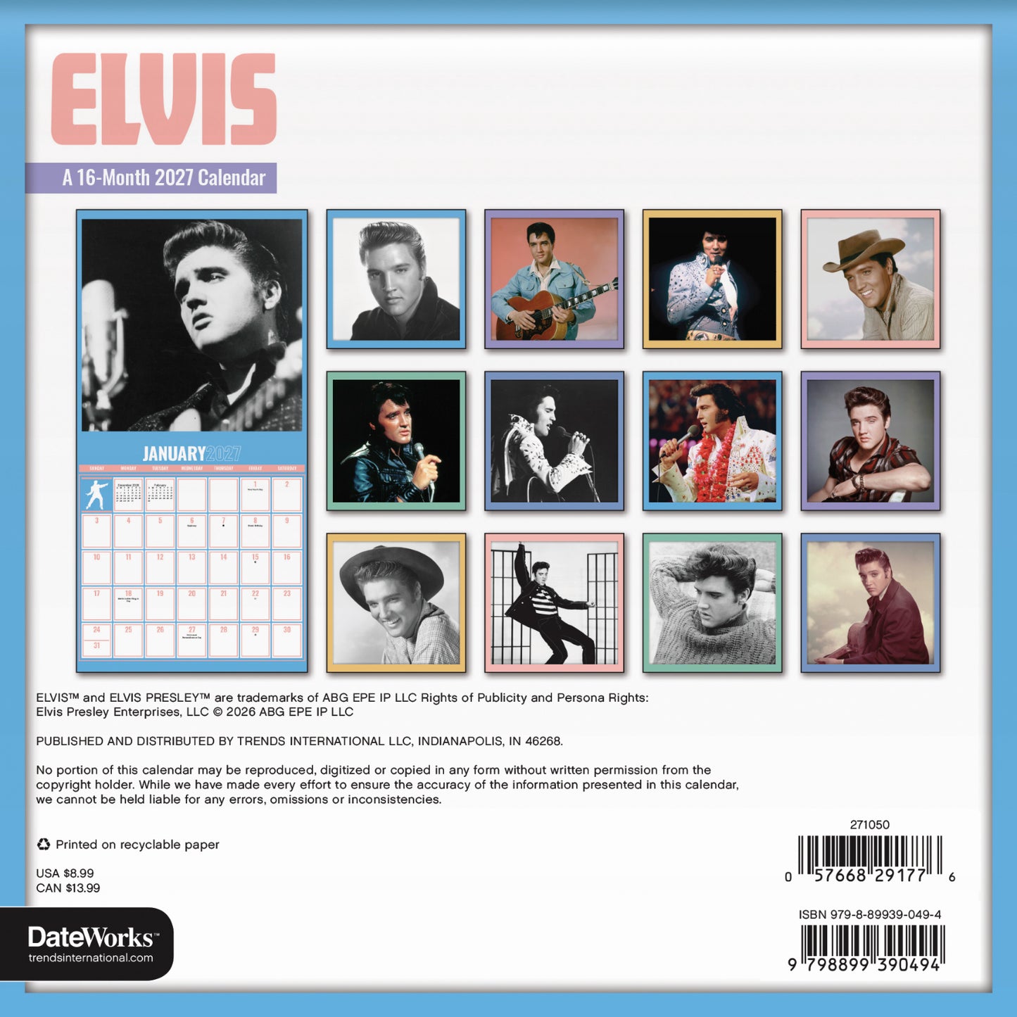 2027 Elvis Presley Mini Wall Calendar