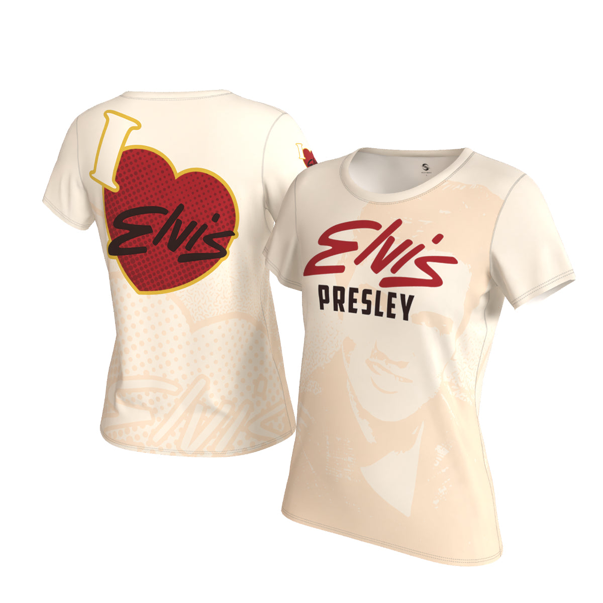 A women's short-sleeve graphic T-shirt shown from both front and back on a white background. The shirt is off-white/cream with red and black text and graphics: the front reads 'Elvis PRESLEY' in red and black, and the back shows a large red heart with 'I ♥ Elvis' in black and gold.