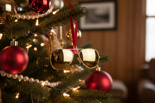 Elvis gold aviator sunglasses ornament hanging on a decorated Christmas tree with warm holiday lights