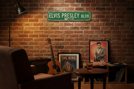 Elvis Presley Blvd. vintage tin street sign with green background and white letters mounted on a rustic brick wall in a music room