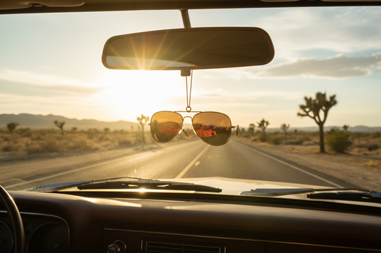 Elvis gold aviator sunglasses ornament hanging from a car rear view mirror with open road in the background