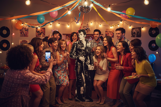 Elvis '68 Comeback Special lifesize cardboard standup in a lively retro party scene with guests and string lights