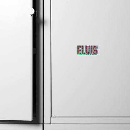 A close-up of a white cabinet with a small colorful 'ELVIS' text decal on the front, next to the open door hinge.